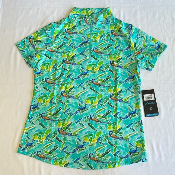 Ibkul Short Sleeve Zip Mock Neck Peacock Print Top in Rachel Jade Multi - Picture 1 of 10